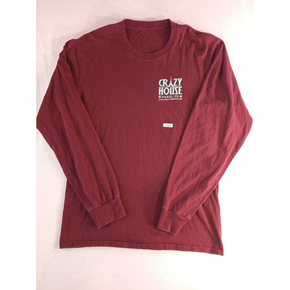 Crazy House Paris TX Long Sleeve Shirt Mens Maroon Graphic Tee Size M (P)